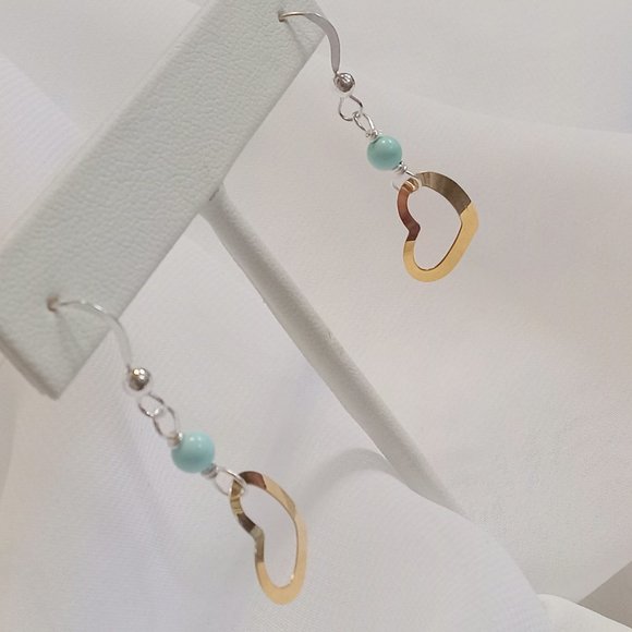Turquoise ~ 14K YG Vintage Heart and Sterling Silver Earrings - Picture 10 of 14